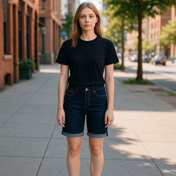 Levis Bermuda Shorts Womens 28 Dark Blue Denim Rolled Cuff Stretch Casual Jean - Picture 1 of 10